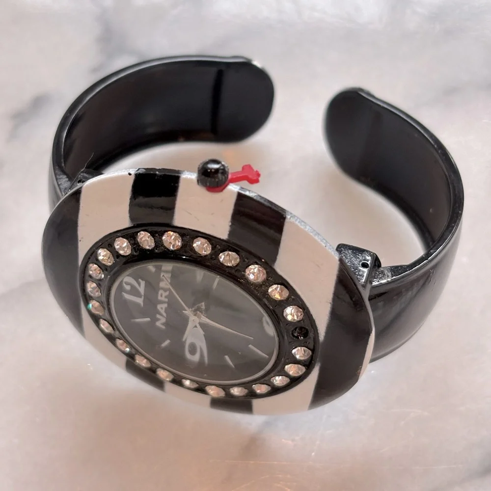 Narmi Cuff Bracelet‎ Black and White Striped Watch with Crystal Accents